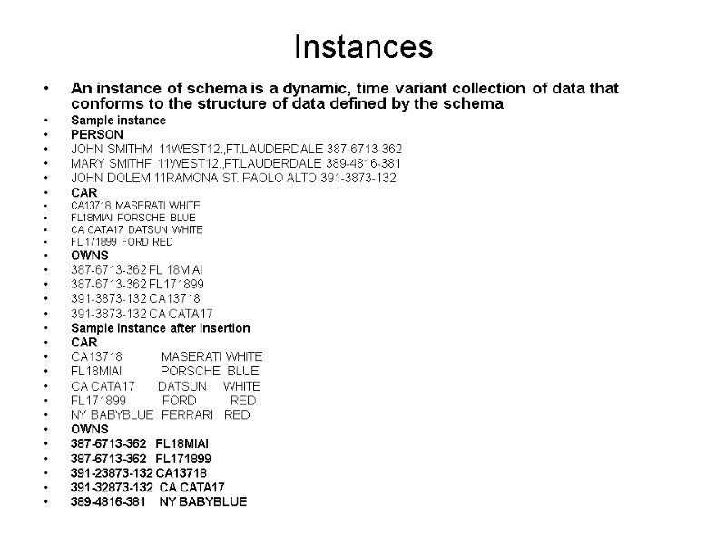 Instances An instance of schema is a dynamic, time variant collection of data that